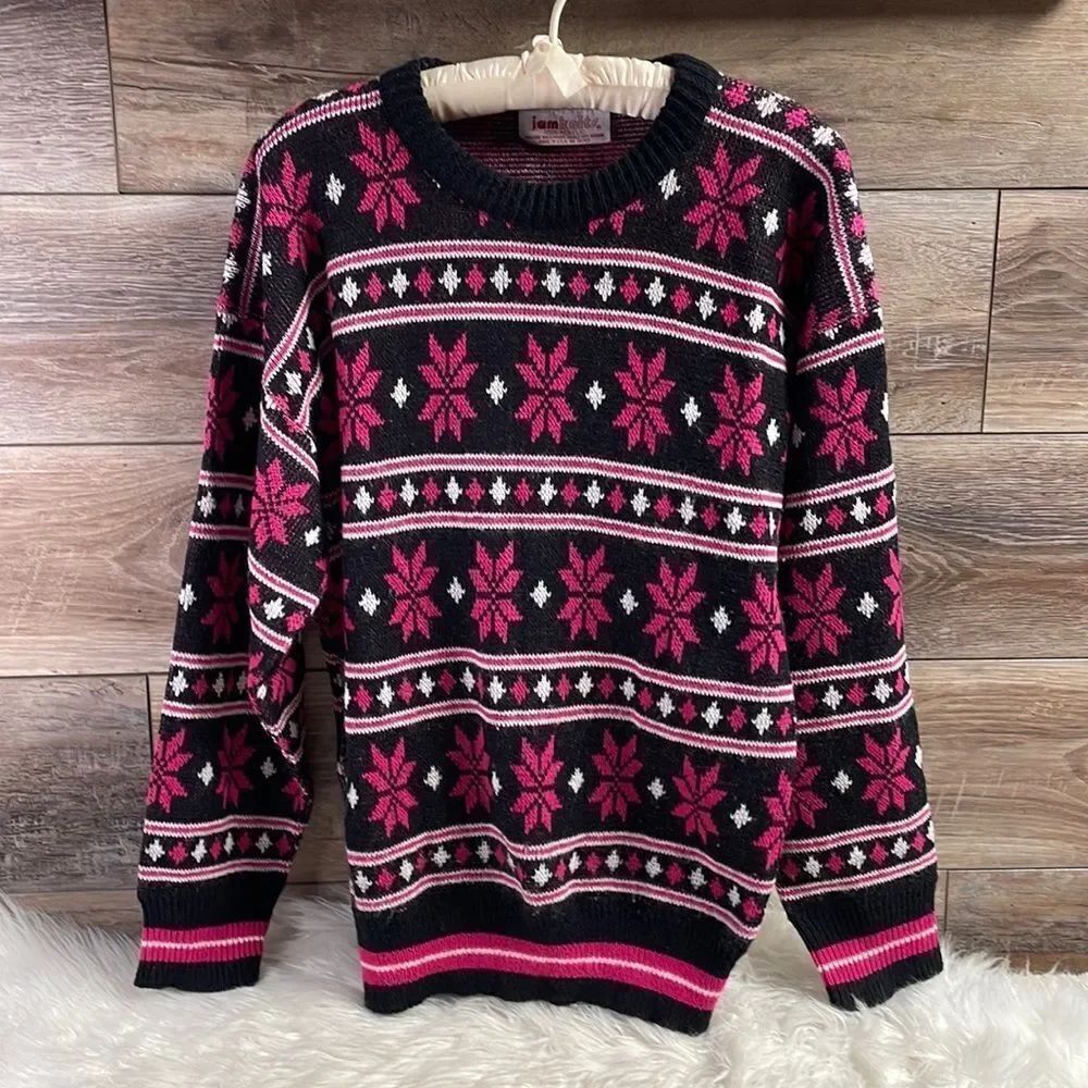 Vintage JAMKNITS Women’s Holiday Winter Sweater Black Pink White